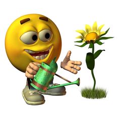 a yellow smiley face holding a watering can next to a green sprout with a sunflower