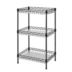 three tiered shelving unit with wire baskets on the top and bottom shelves in black