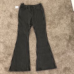 Never Been Worn (New With Tags) Striped Black And Grey Bell Bottom Jeans! They Are A Size 26 X 32. They Are Super Stretchy And Have Plenty Of Give! They’re Super Comfortable To Wear! Extremely Trendy Jeans;) High Rise Grunge Flare Jeans For Fall, Fall Grunge Flare Jeans, Fitted Denim Rock Bottoms, Rock Style Fitted Denim Bottoms, Fitted Rock Style Denim Bottoms, Fitted Flare Jeans For Night Out, Grunge Bottoms For Night Out In Fall, Grunge Bottoms For Fall Night Out, Spring Fitted Grunge Jeans