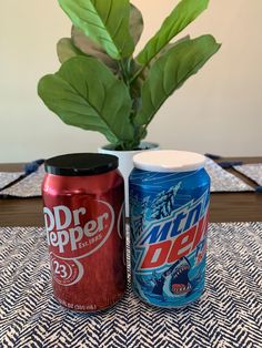 two soda cans sitting on top of a table next to a potted green plant