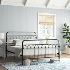 a bedroom with white walls and wood flooring has a black iron bed frame on top of a blue rug