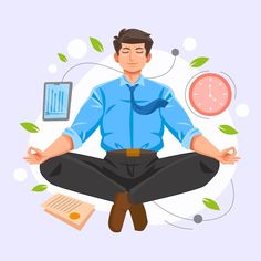 a man sitting in the middle of a yoga pose with his hands up and books around him