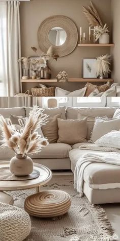 a living room filled with lots of furniture and decor on top of a white rug