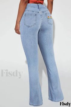 Fisdy - Vaqueros de cintura alta para mujer en elegante azul claro, con exquisito diseño de patchwork bordado Denim Style Casual, Pockets Fashion, Bootcut Pants, Jeans Online, Light Blue Denim, Patchwork Designs, Blue Denim Jeans, High Waisted Denim, Wholesale Fashion