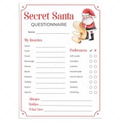 Secret Santa Questionnaire for Gift Exchange Printable by LittleSizzle Secret Santa List Template, 50th Anniversary Games, Secret Santa Questionnaire For Coworkers, 40 Th Anniversary, Secret Santa Templates, Secret Santa Form, Housewarming Party Games, Adult Halloween Party Games, Santa Questionnaire