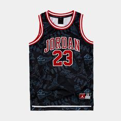 This Jordan 23 Jersey made from high-quality polyester to keep your child cool while actively expressing their favorite player. The back feature the iconic Jumpman logo atop an elegantly constructed “23” while the front features the same skillfully stitched player numbers under the infamous basketball legend’s last name. Everyone wants to be "Like Mike” and your young baller can look like him with this classic basketball jersey. Black Basketball Jersey With Team Logo, Black Basketball Jersey With Letter Print, Michael Jordan Black Jersey, Jordan 23 Jersey, Nba Basketball Jersey, School Jersey, Jordan Jersey, School Lifestyle, School Shorts