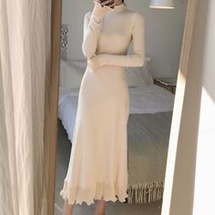 Top Seller for Womens Half High Neck Long Sleeves Slim Fit Knitted Ruffles Sweater Dress, Sweaters Dresses Knee Length Sweater, Sweater Maxi Dress, Ruffle Sweater, Mock Neck Dress, High Neck Long Sleeve, Sweater Dress Women, Knit Midi Dress, Loose Dress, Long Sleeve Knit