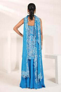 Cobalt blue short kurta with all over rose pattern, contrast pearls, stone and sequin embroidery. Paired with flared sharara and cut work embroidered bordered dupatta. - Aza Fashions Flared Sharara, Blue Kurta, Short Kurta, Sequin Embroidery, Sharara Set, Sequins Embroidery, Cut Work, Rose Pattern, Set For Women