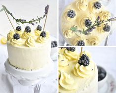 four different pictures of a cake with white frosting and blackberries on the top