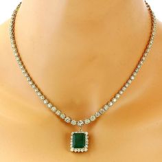 13.80 Carat Natural Emerald 14K Solid Yellow Gold Diamond Necklace - Fashion Strada Emerald And Diamond Necklace, Emerald Eternity Ring, Diamond Pendant Jewelry, Green Stone Pendant, Gold Drop Necklace, Bridal Necklace Designs, Green Stone Necklace, Diamond Necklace Designs, Necklace With Pendant