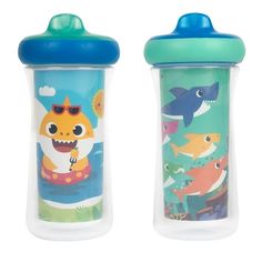 two children's sippy cups with different designs on them