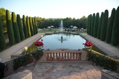 a fountain surrounded by lots of trees and flowers