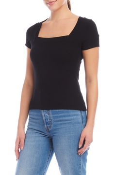 Stretchy ribbing lends lovely texture to a fitted square-neck crop top that's a go-to on its own or as a base layer. 21 1/2" length (size Small) Square neck Short sleeves 95% rayon, 5% spandex Dry clean or hand wash, dry flat Made in the USA Fitted Ribbed Top With Square Neck, Square Neck Ribbed Stretch Tops, Fitted Ribbed Tops With Square Neck, Ribbed Fitted Top With Square Neck, Ribbed Fitted Square Neck Top, Casual Ribbed Crop Top With Square Neck, Casual Ribbed Square Neck Top, Trendy Fitted Tops With Square Neck, Trendy Everyday Top With Square Neck