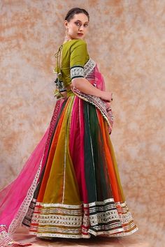 Multicolor lehenga with gota lace embellishment in stripe pattern. Paired with border embellished blouse and dupatta. - Aza Fashions Multicolor Choli With Sheer Dupatta For Navratri, Bollywood Style Choli With Border For Navratri, Bollywood Choli With Border For Navratri, Semi-stitched Lehenga With Border, Semi-stitched Lehenga With Border For Navratri, Bollywood Style Festive Lehenga With Border, Festive Lehenga With Border For Navratri, Anarkali Traditional Wear In Multicolor With Border Detail, Multicolor Anarkali Traditional Wear With Border