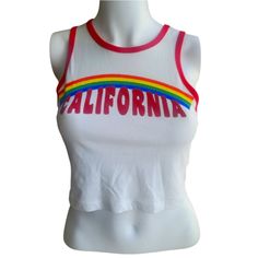 Nwt Forever 21 Crop Rainbow Graphic Tank Top Size Small Rainbow Graphic Design Sleeveless Crew Neck Red Trim Pit To Pit 14.5" Shoulder To Hem 16" 100% Cotton Trendy Red Tank Top For Summer, White Summer Racerback Tank Top, Summer White Racerback Crop Top, White Racerback Tank Top For Summer, White Racerback Crop Top For Summer, Trendy White Vest Crop Top, Trendy White Vest-style Crop Top, White Racerback Crop Top Trendy, White Trendy Racerback Tops