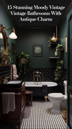 Explore 21 moody vintage bathroom ideas that combine timeless elegance with a dark, atmospheric charm. From classic clawfoot tubs to antique brass fixtures, transform your bathroom into a relaxing, sophisticated retreat inspired by vintage design. Learn how to incorporate dark hues, unique tilework, and curated accessories for the perfect moody touch. Bathroom Decor Dark Green, Heritage Bathroom Ideas, Black Color Drenched Bathroom, Apothecary Aesthetic Bathroom, Moody House Colors, Moody Cottagecore Bathroom, Masculine Shower Ideas, Moody Bathroom With Wallpaper, Moody Cottage Bathroom