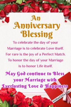 an anniversary card with red roses and a message for the couple to celebrate their marriage