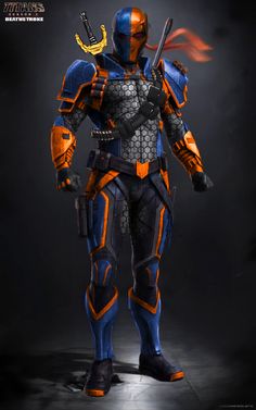 an orange and blue robot standing in the dark with his arms crossed, holding two swords