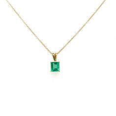 "This solitaire pendant showcases a beautiful square emerald cut Colombian Emerald held by 4 prongs in 18K yellow gold. The pendant length is 13.5mm, and in total the pendant weighs 1.5 grams.  Comes with a 14k gold cable chain of 1mm and 18 inches.  Item Details: - Type: Pendant  - Metal: 18K Yellow Gold  - Weight: 1.5 grams  - Style: Minimalist  - Era: 21st Century  - Setting: Prong  - Size: 13.5mm length  Emerald Details: - Carat: 1.20  - Cut: Emerald  - Color: Green  - Origin: Colombia  - Me Gold Necklace With Asscher Cut For Formal Occasions, Gold Asscher Cut Necklace For Formal Occasions, Formal Gold Asscher Cut Necklace, Yellow Gold Diamond Cut Square Pendant Jewelry, Yellow Gold Square Pendant With Diamond Cut, Princess Cut Yellow Gold Necklace In Fine Jewelry Style, Yellow Gold Princess Cut Fine Jewelry Necklace, Elegant Rectangular Emerald Necklace For Formal Occasions, Yellow Gold Princess Cut Fine Necklace