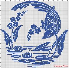 a cross stitch pattern with blue flowers and leaves in the shape of a circle on a white background