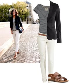 "Untitled #251" by jld14 ❤ liked on Polyvore I love this outfit! White Pants Grey Top Outfit, Sandals Business Casual, Business Casual With Sandals, Blouse And Jeans Outfit Summer, Summer Business Casual Outfits Dresses, Country Club Outfit Women Classy, Smart Casual Trousers, Slacks Outfit, Summer Friday