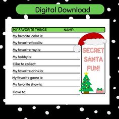 a printable santa's list with the words, my favorite things is secret santa fun