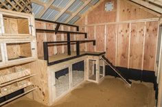 the inside of a chicken coop with wooden walls