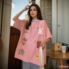 Qteee - Charming Cartoon Embroidered Casual T-Shirt Short Sleeve T-shirt With Embroidered Graphics For College, Short Sleeve Tops With Embroidered Graphics For College, Casual Embroidered Tops For College, Casual Tops With Embroidered Graphics For College, Casual College Tops With Graphic Embroidery, Casual College Tops With Embroidered Graphics, Short Sleeve Tops For College In Summer, Pink Short Sleeve T-shirt For College, Embroidered Cotton Tops For College