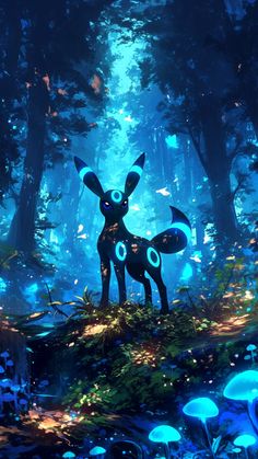 an animated pokemon standing in the middle of a forest filled with mushrooms and glowing blue lights