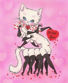 two cats are hugging each other on a pink background with hearts in the shape of heart