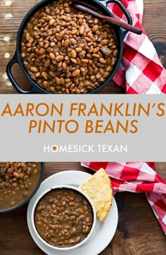 baked beans in a cast iron skillet with text overlay that reads aaron franklin's pinto beans