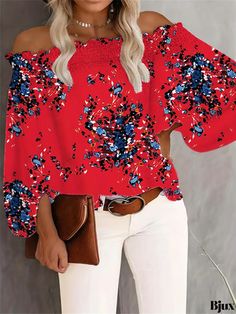 Bjux - Womens Off Shoulder Chiffon Blouses with Ditsy Floral Print, Elegant Loose Fit Lantern Sleeves, Fashionable Shirts for Women Red Non-stretch Summer Blouse, Non-stretch Red Blouse For Summer, Non-stretch Red Summer Blouse, Trendy Non-stretch Floral Print Blouse, Summer Stretch Printed Blouse, Non-stretch Multicolor Floral Print Tops, Multicolor Floral Print Non-stretch Top, Printed Non-stretch Tops For Vacation, Non-stretch Printed Tops For Vacation