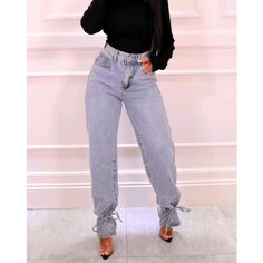 High Waist Jeans Thats Tie Up At The Bottom Casual Blue Jeans For Party, Casual Jeans For Spring Party, Blue Jeans For Spring Party, Blue Jeans For Party In Spring, Colored Jeans, High Waist Jeans, Women Jeans, High Waisted, Women Shopping