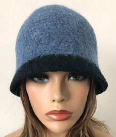 "Unisex handmade felted wool beanie skullie hat with a cloche appeal, that's perfect for the Fall crispier days and yet warm enough for the winter nights. ❤️Ready to Ship felted beanie hat. The style is made to cover your ears and give full coverage if worn with the brim down. If you prefer a hat with less depth, no problem, simply contact me. These beauties can be rolled into you pocket easily and has some playfulness to its design. Color : Medium blue and navy Fits head size 22.5\" up to 23\" Navy Fits, Wide Brim Felt Hat, Wool Cloche Hat, Warm Winter Hats, Wool Beanie, Cloche Hat, Beautiful Hats, Skull Cap Beanie, Felt Hat