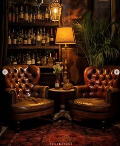 two brown leather chairs sitting next to each other in front of a shelf filled with bottles