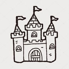 a black and white drawing of a castle with flags on it's roof stock photo