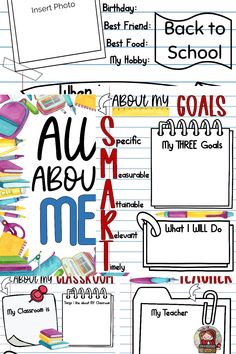 the back to school poster with all about me written in different font and pictures on it