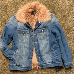 Reduced From $49. Rachel Roy Denim And Faux Fur Lined Jacket. The Inside Sleeves Are Satin Gray. The Jacket Is Not Reversible But I’ve Included Photos For The Stylish Who May Want A Different Look. Simply Remove Labels/Tags. New With Tags. Size Small. Smoke Free, Pet Free Home. Denim Fur Jacket, Fur Lined Jacket, Denim Jacket With Fur, Remove Labels, Pink Fur, Rachel Roy, Line Jackets, Fur Jacket, Jean Coat