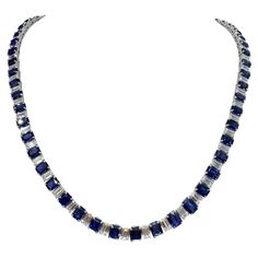 A platinum necklace with 10.96 carat diamonds and 32.24 carat blue sapphire. Sophia D by Joseph Dardashti LTD has been known worldwide for 35 years and are inspired by classic Art Deco design that merges with modern manufacturing techniques. Platinum Necklace, Art Deco Design, Classic Art, Over 40, Blue Sapphire, Diamond Necklace, Platinum, Sapphire, Art Deco