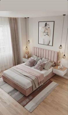 a bedroom with a bed, rugs and two lamps on the side of it