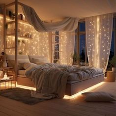 a bedroom with lights on the walls and a bed in front of a large window