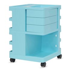 a blue cart with four drawers on wheels