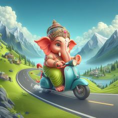 an elephant riding on the back of a scooter down a road next to mountains