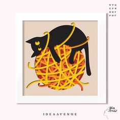 a black cat sitting on top of a ball of yarn with the word idea avenue written below it