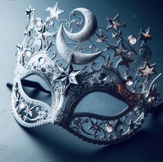 Moon Themed Jewelry, Celestial Masquerade Mask, Starry Night Masquerade, Costume Mask Ideas, Moon Masquerade Mask, Ball Masks Masquerade, Winter Masquerade, Masquerade Ball Aesthetic, Maskerade Mask