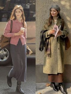 Rom Com Outfits Aesthetic, Medium Length Cardigan Outfit, Winter Long Dress Outfit Casual, Joan Didion Fashion, Casual Work Outfits Autumn, London 90s Fashion, Cozy Neutral Outfit, Womens Vintage Outfits, While You Were Sleeping Outfits