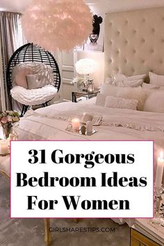 the bedroom is decorated in white and pink with candles on the nightstands, chandelier