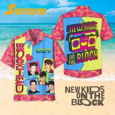 New Kids On The Block Summer Button Up Hawaiian Shirt Summer Pop Culture Cotton Shirt, Novelty Summer Tops With Cartoon Print, Novelty Cartoon Print Summer Tops, Summer Novelty Tops With Cartoon Print, Trendy Multicolor Cartoon Print Shirt, Funny Character Print Shirt For Summer, Fun Multicolor Button-up Shirt, Novelty Character Print Tops For Summer, Multicolor Relaxed Fit Shirt With Character Print