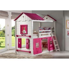 a pink and white bunk bed with stairs to the top floor, next to a window