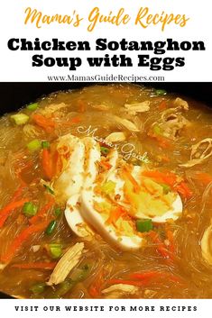 chicken and egg soup in a bowl with text overlay